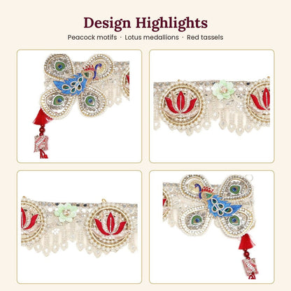 Image 3 of Renu's Creation Peacock & Lotus Embroidered Toran with Red Tassels