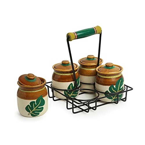 Image 7 of ExclusiveLane Shades of a Leaf Ceramic Pickle Jars with Iron Holder