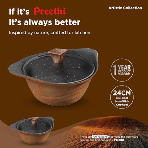 Image 2 of Preethi Artistic Collection Die Cast Non Stick Kadai, 24 cm,with Glass Lid, 5 Star Non Stick Effect, Cook & Serve, Earthy Brown