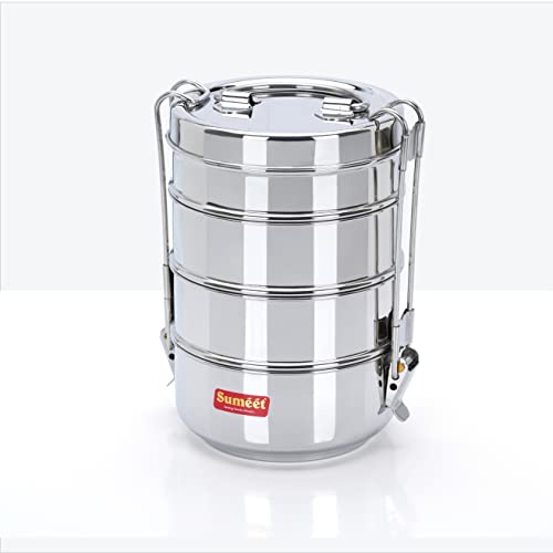 Image 1 of Default Title for the product Sumeet Stainless Steel 4 Compartment Lunch Box/Tiffin with Lid and Handle, 11.5Cm Dia, (2000ML, Silver)
