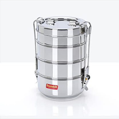 Image 1 of Default Title for the product Sumeet Stainless Steel 4 Compartment Lunch Box/Tiffin with Lid and Handle, 11.5Cm Dia, (2000ML, Silver)