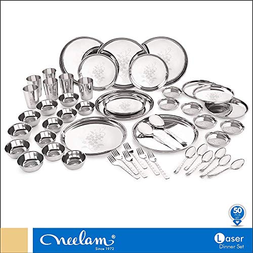 Image 3 of neelam Stainless Steel Dinner Set, Premium Quality, Laser Etching 51 Pcs, Dishwasher Safe, Ideal Gifting Dinner Set for Anniversary, Wedding, Housewarming Party, Perfect for Serving 6 People, Silver