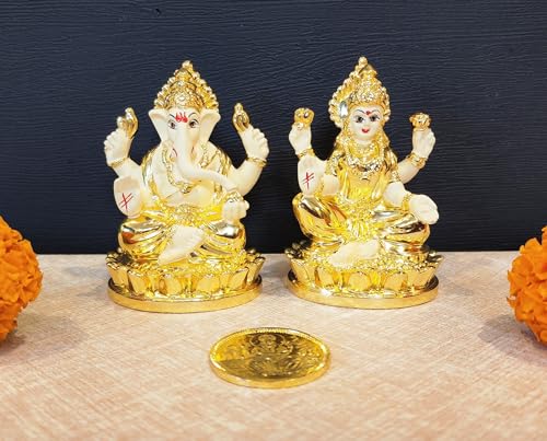 Image 1 of Default Title for the product Gold Art India Laxmi Ganesh Gold Plated Off White Terracotta Idol for Home with Gold Plated Coin (3" Inch)