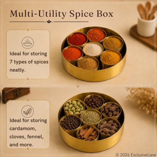 Image 4 of ExclusiveLane Floral Brass Spice Box for Kitchen with Spoon 7 Detachable Containers 100 ML Each Gold