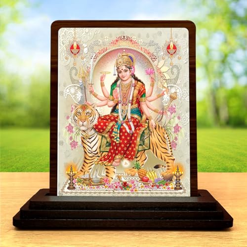 Image 2 of Durga MATA Temple Gift Wooden Idol 4x5 Inch HD Printed Table Decor for Home Temple