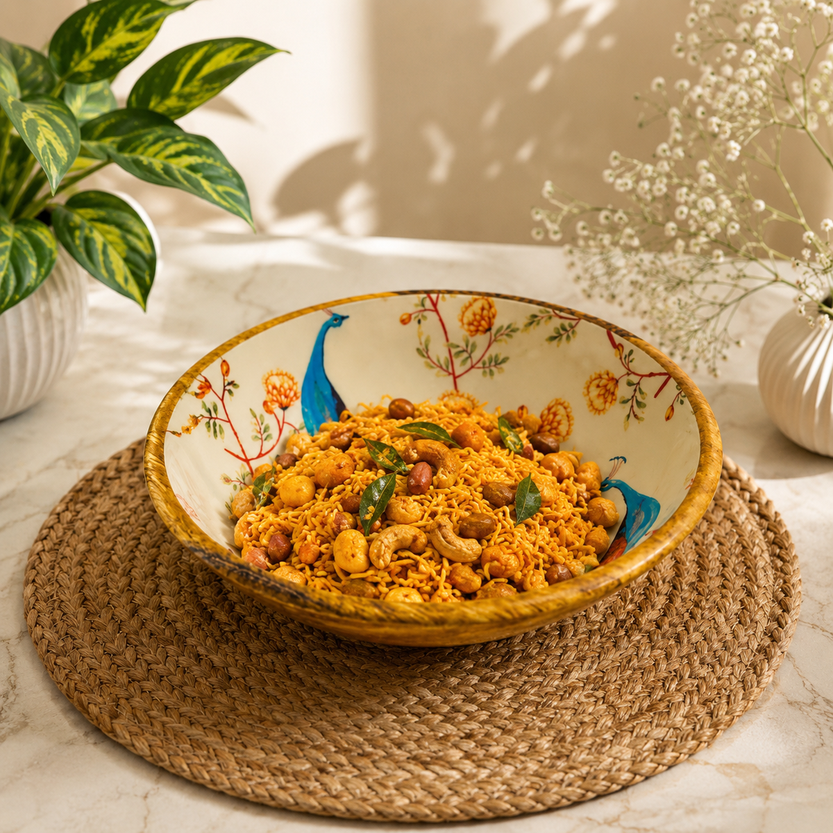 Image 4 of Sattvya Gifting Peacock and Floral Design Wooden Round Bowl