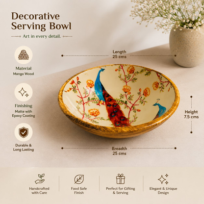 Image 7 of Sattvya Gifting Peacock and Floral Design Wooden Round Bowl