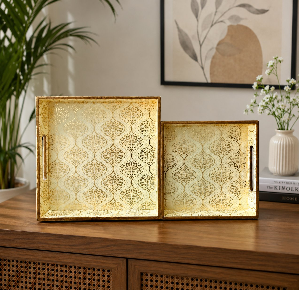 Image 1 of Default Title for the product Sattvya Gifting Floral Print Rectangle serving trays - Set of 2