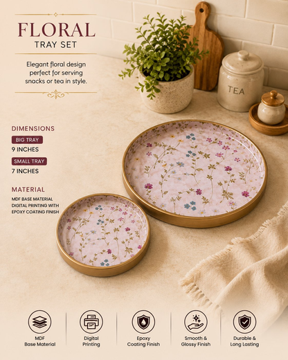 Image 2 of Sattvya Gifting Floral Printed Round Serving Trays - Set of 2
