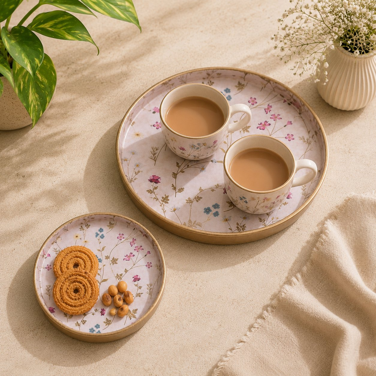 Image 3 of Sattvya Gifting Floral Printed Round Serving Trays - Set of 2