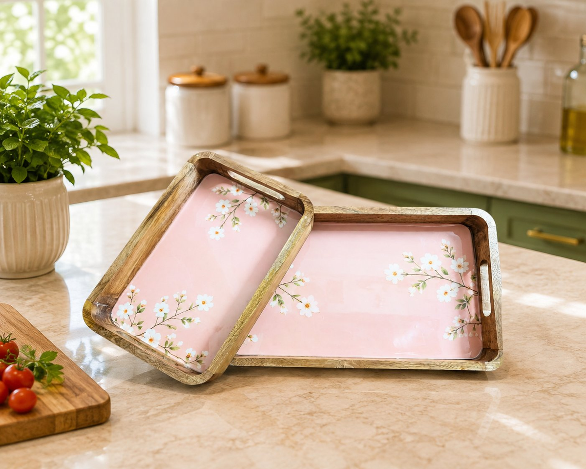 Image 1 of Default Title for the product Sattvya Gifting Pink Floral Rectangular Serving Trays - Set of 2