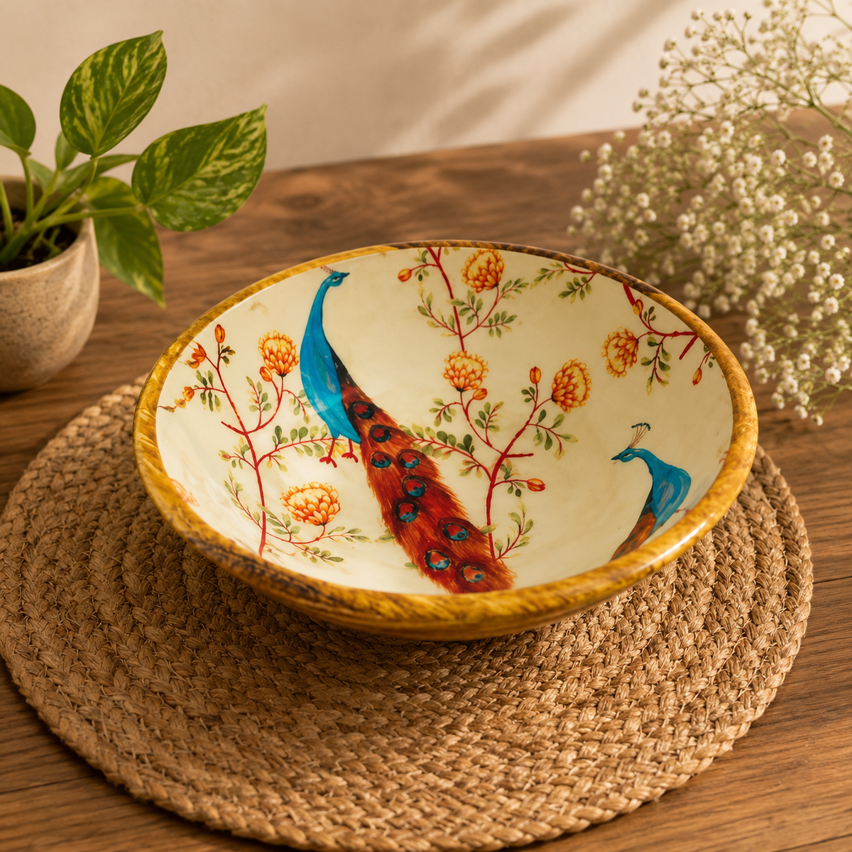 Image 2 of Sattvya Gifting Peacock and Floral Design Wooden Round Bowl