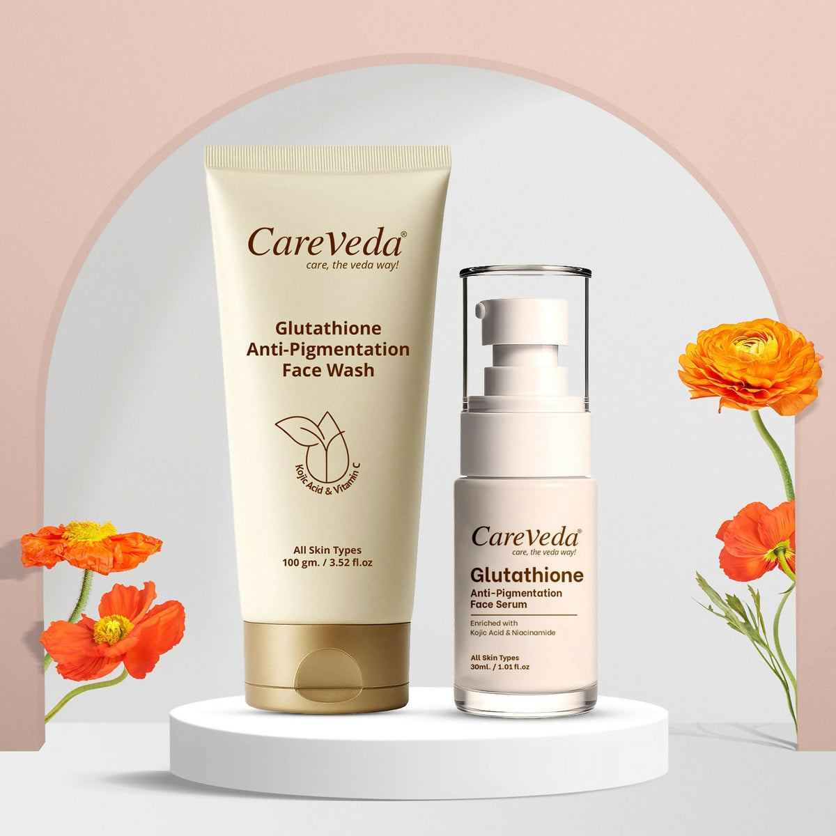 Image 2 of CareVeda Glutathione Skin Care Set of 2 | Face Wash & Face Serum for Bright, Even-Toned Skin | Anti-Pigmentation & Glow Boost | For Men & Women