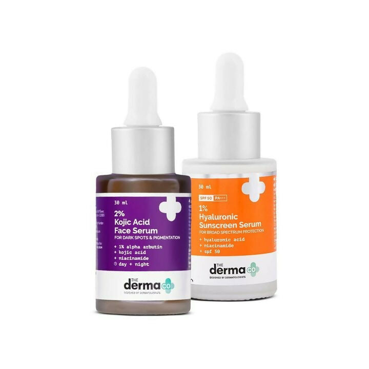 Image 1 of The Derma Co Bye Bye Pigmentation: 2% Kojic Acid Face Serum & 1% Hyaluronic Sunscreen Serum