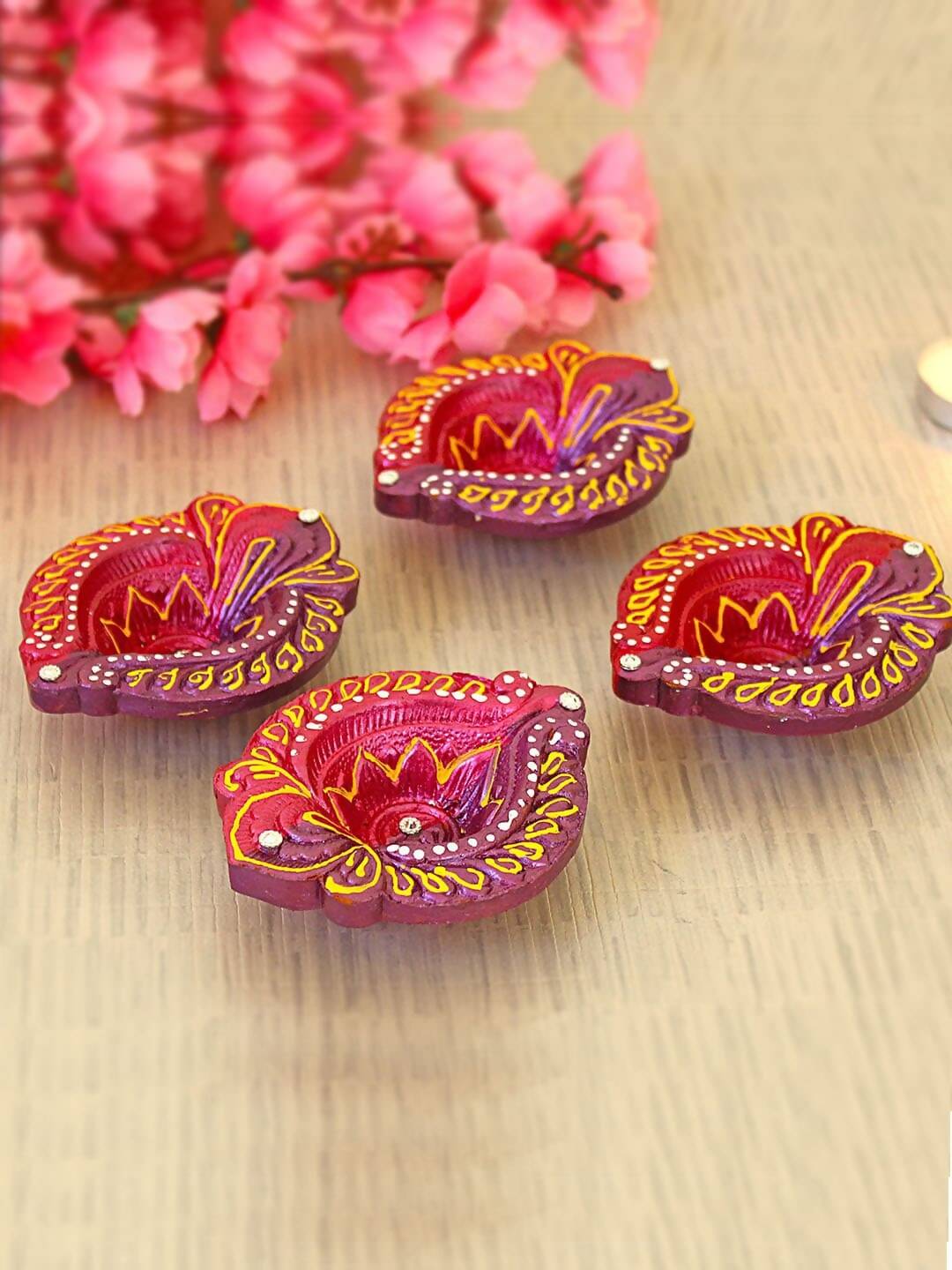 Image 2 of Tied Ribbons Set of 4 Red & Violet Textured Terracotta Diyas