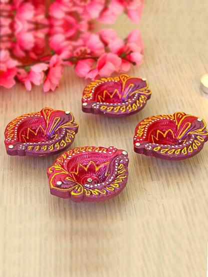 Image 2 of Tied Ribbons Set of 4 Red & Violet Textured Terracotta Diyas
