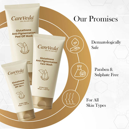 Image 6 of CareVeda Glutathione Skin Care Set of 3 | Face Wash & Peel off Mask, Sunscreen for Bright, Even-Toned Skin | Anti-Pigmentation & Glow Boost | For Men & Women