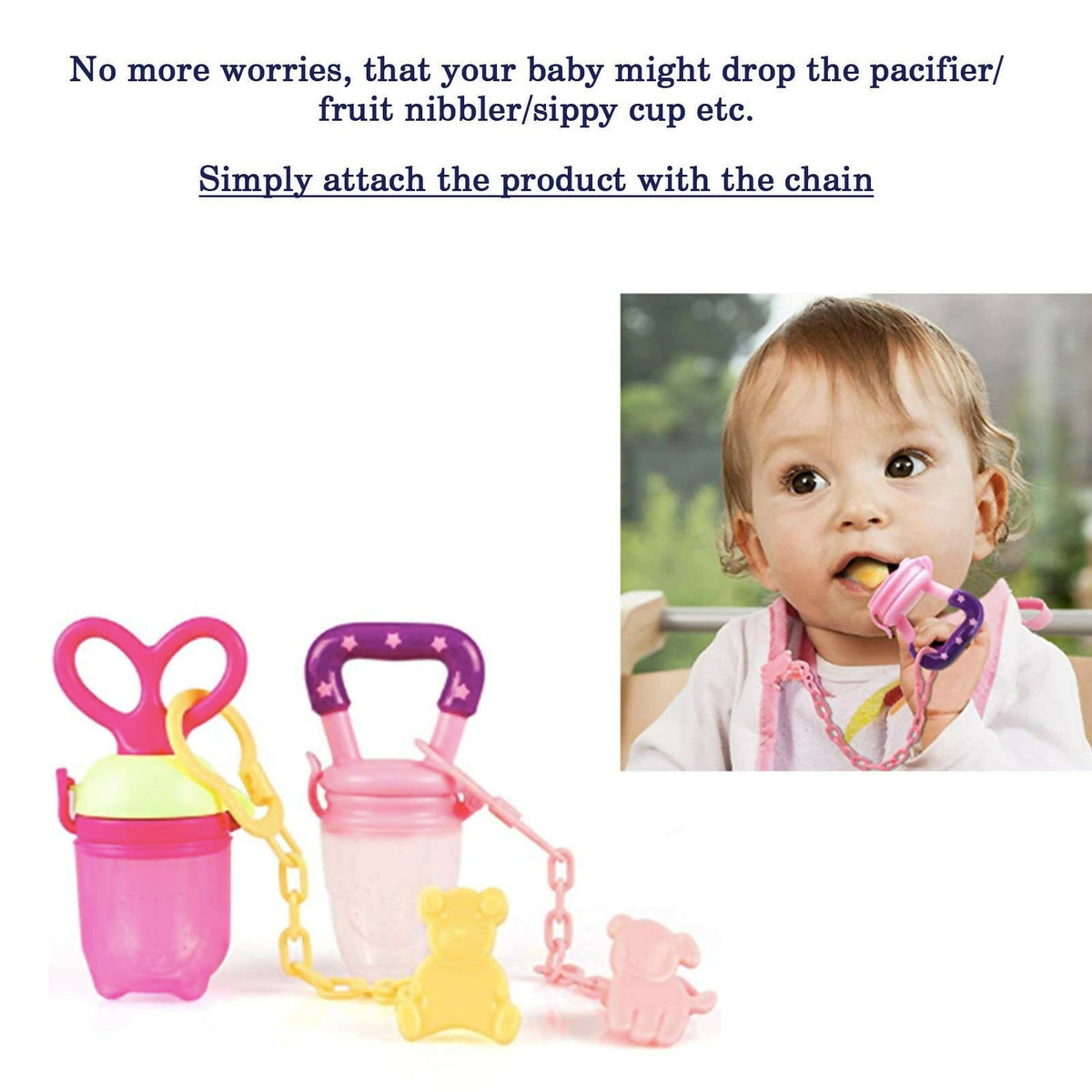 Image 2 of Safe-O-Kid Animal Design Silicone Pacifier/Soother With Holder Chain And Clip, Pink