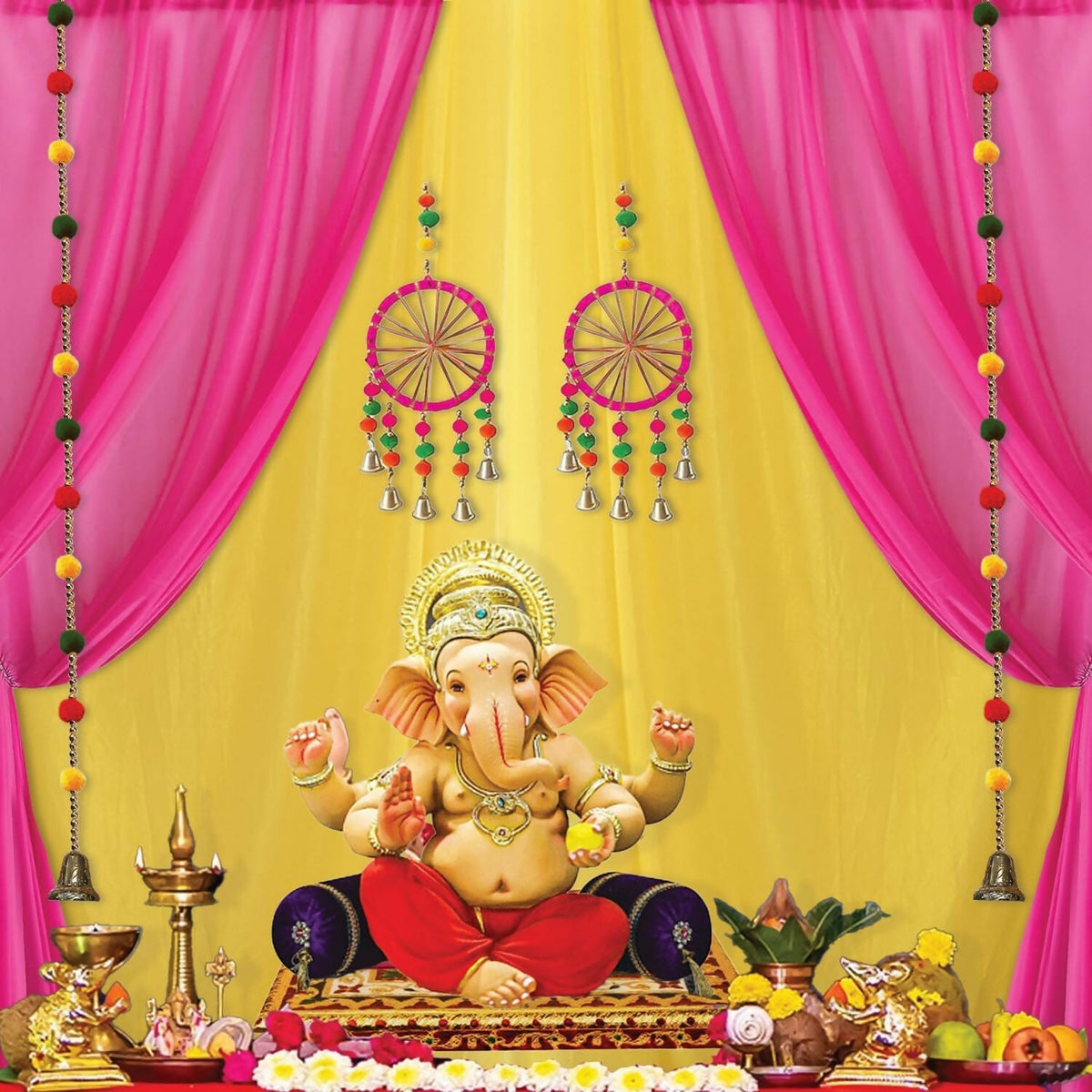 Image 1 of Default Title for the product Party Propz Ganpati Backdrop Decoration Set – 12 Pcs Pink & Yellow Satin Pooja Cloth