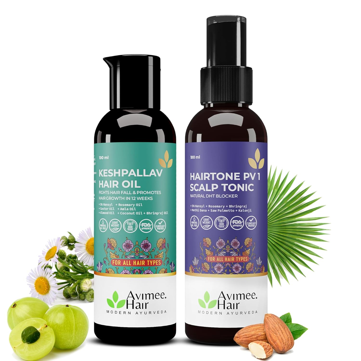 Image 1 of Combo / Pack of 1 for the product Avimee Herbal Keshpallav Hair Oil & Hairtone PV 1 Handmade Scalp Spray Combo With Rosemary, Amla, Methi & Bhringraj