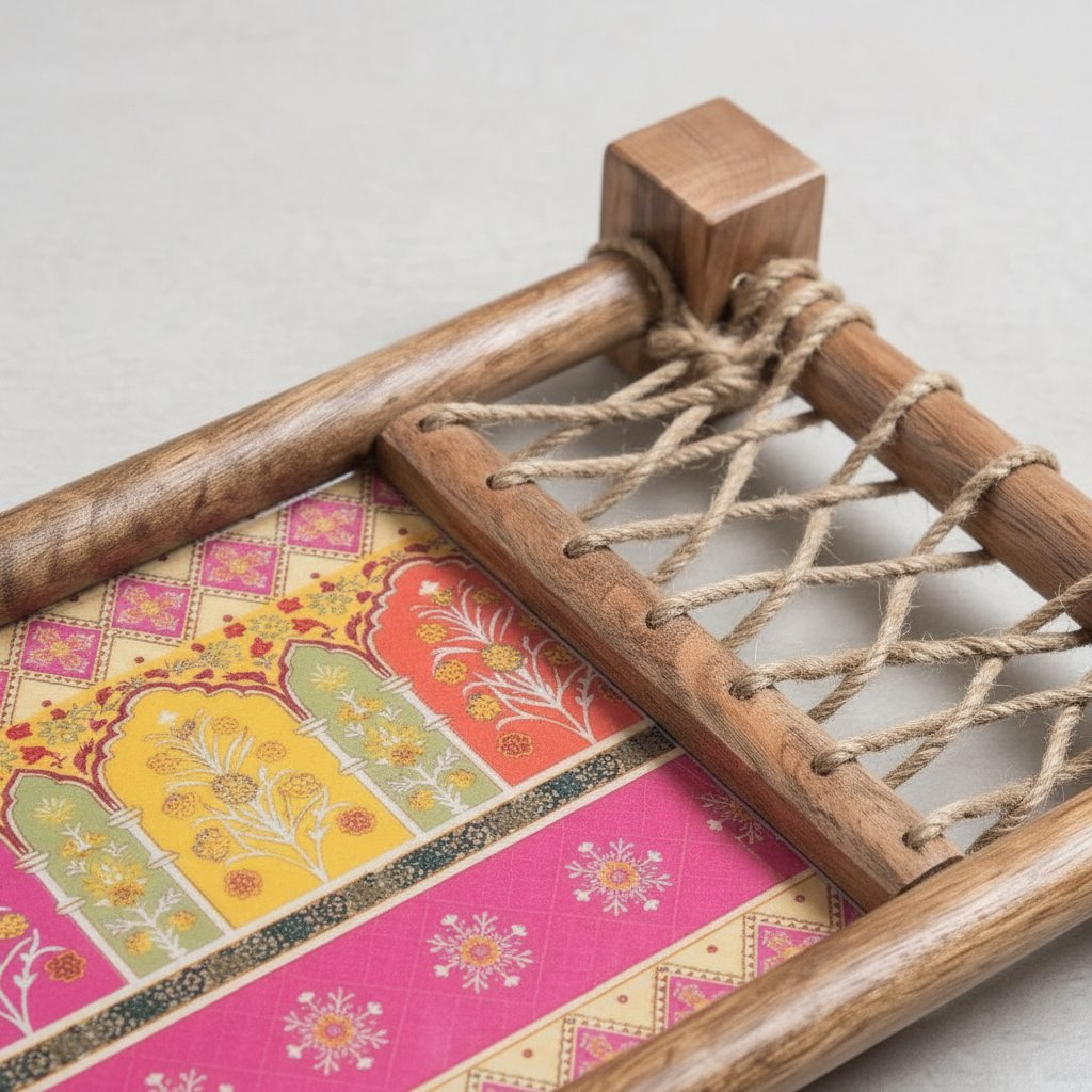 Image 3 of Sattvya Gifting Khatiya Pattern Wooden Snacks Platter