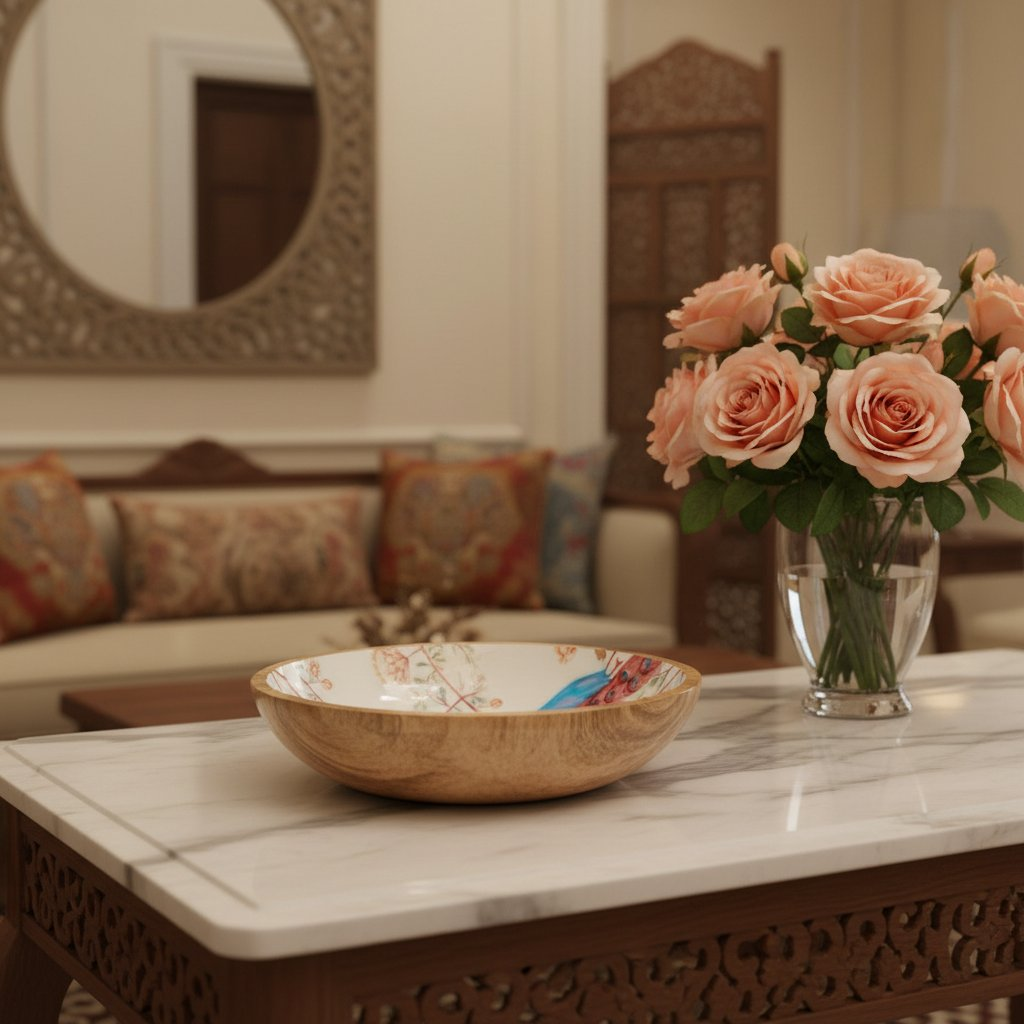 Image 3 of Sattvya Gifting Peacock and Floral Design Wooden Round Bowl