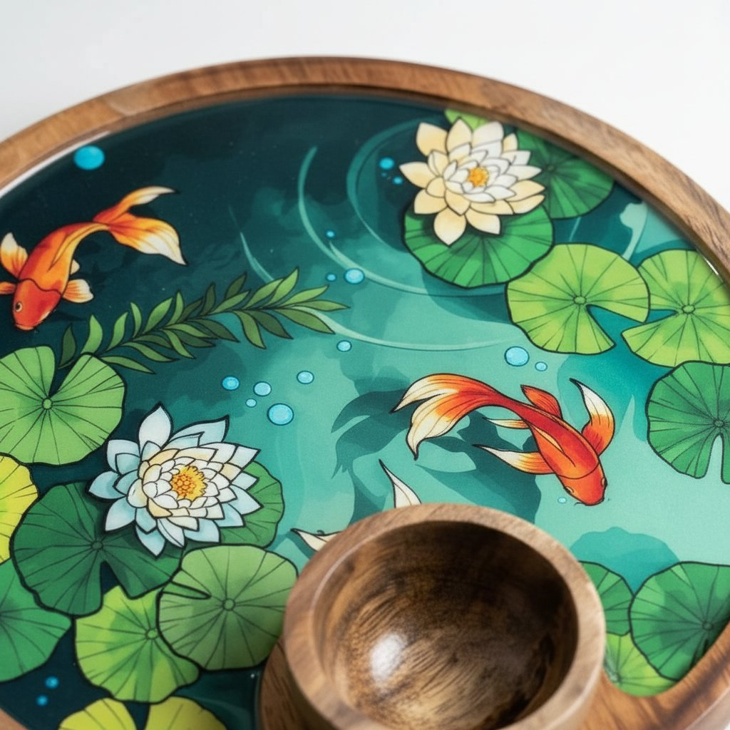 Image 3 of Sattvya Gifting Wooden Koi Fish Pond Art Snack Platter