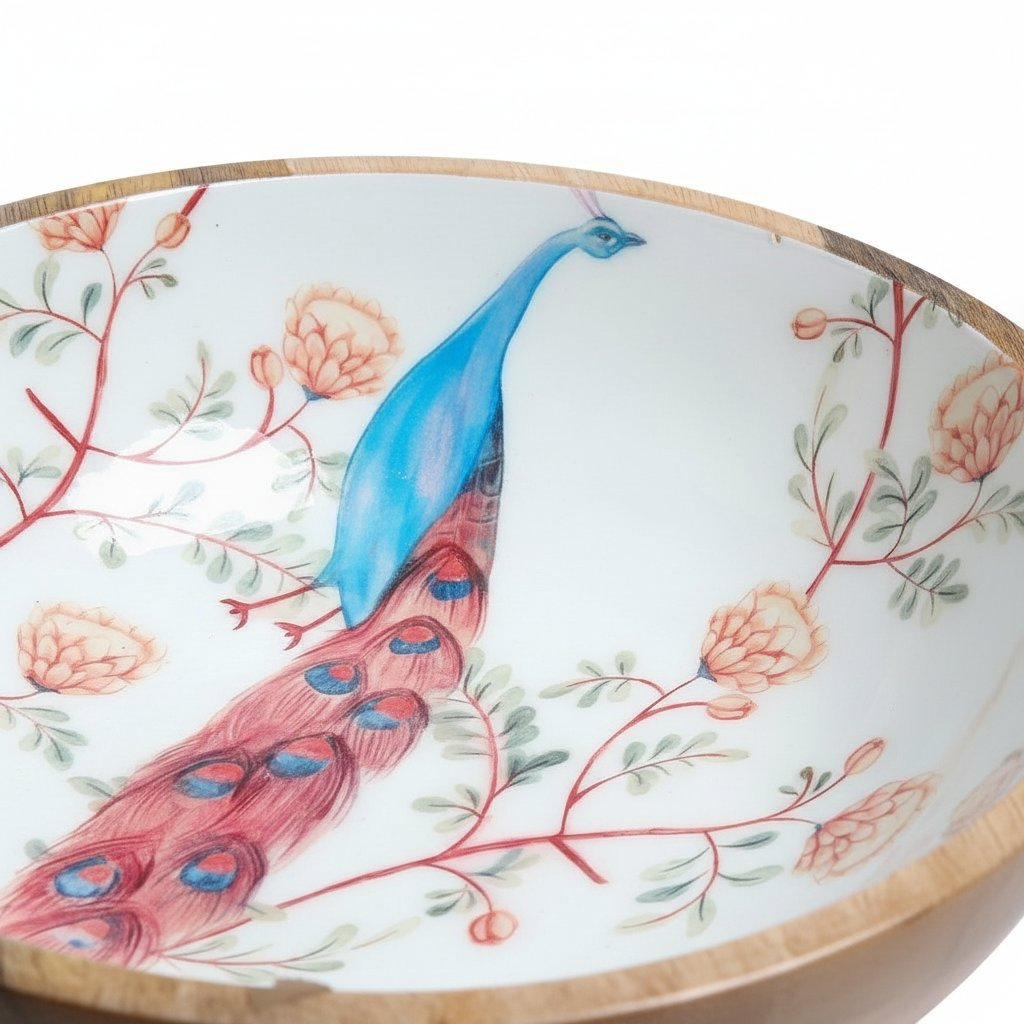 Image 5 of Sattvya Gifting Peacock and Floral Design Wooden Round Bowl