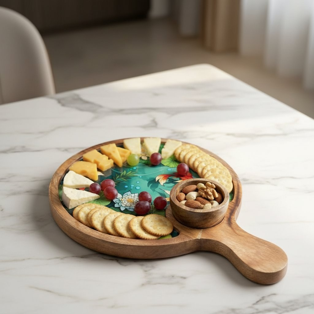 Image 2 of Sattvya Gifting Wooden Koi Fish Pond Art Snack Platter