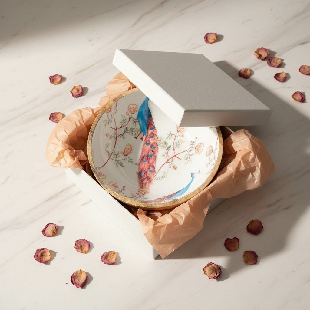 Image 6 of Sattvya Gifting Peacock and Floral Design Wooden Round Bowl