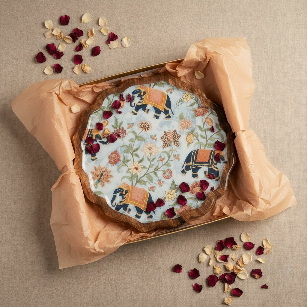 Image 3 of Sattvya Gifting Elephant and Floral Design Wooden Snacks Platter