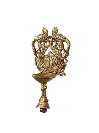 Image 2 of eCraftIndia Gold-Toned Handcrafted Antique Finish Diya with Bells Decorative Wall Hanging Showpiece