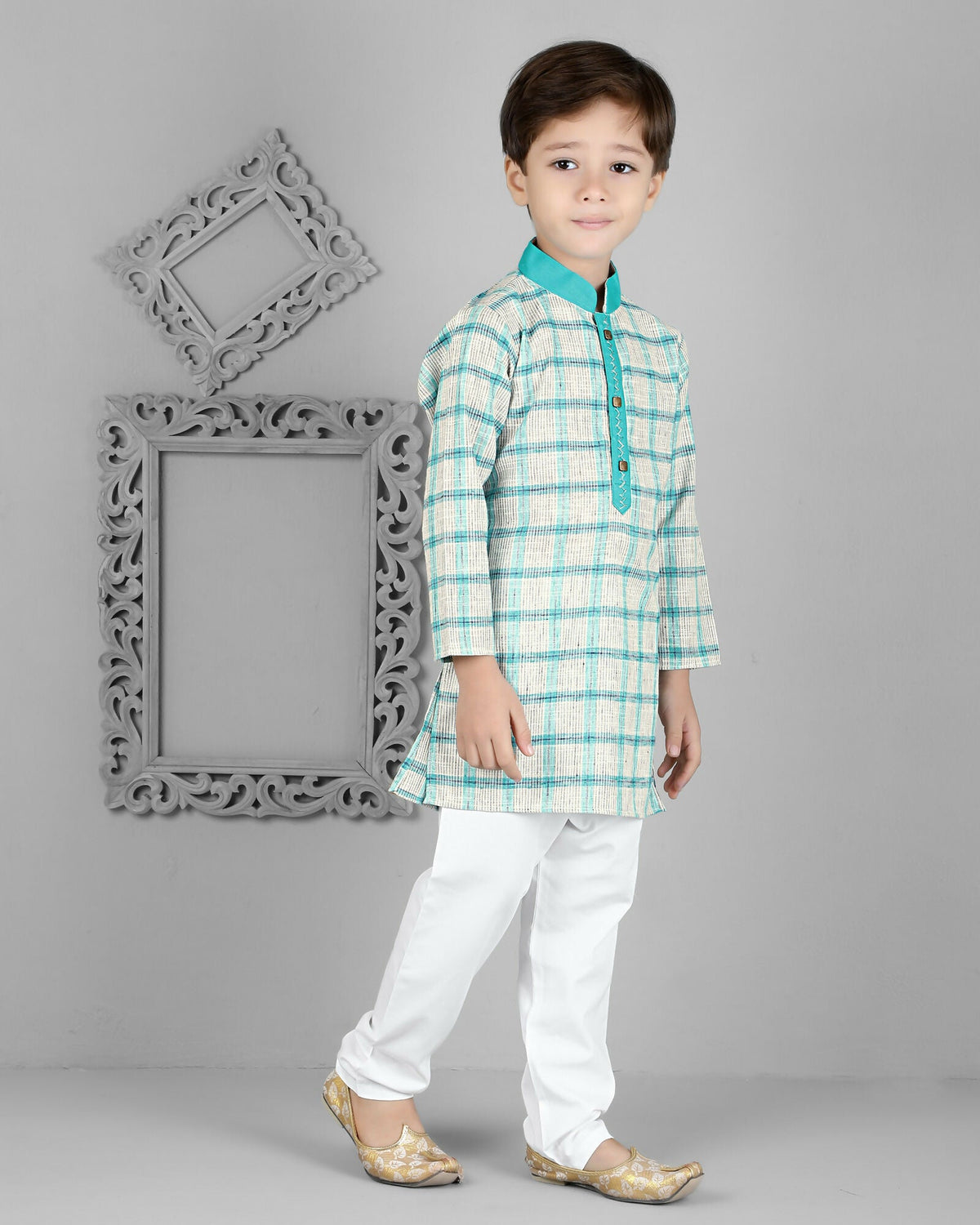 Image 3 of Joban Fashion Kids Island Cotton Full Sleeves Striped Kurta and Pyjama- Teal Blue