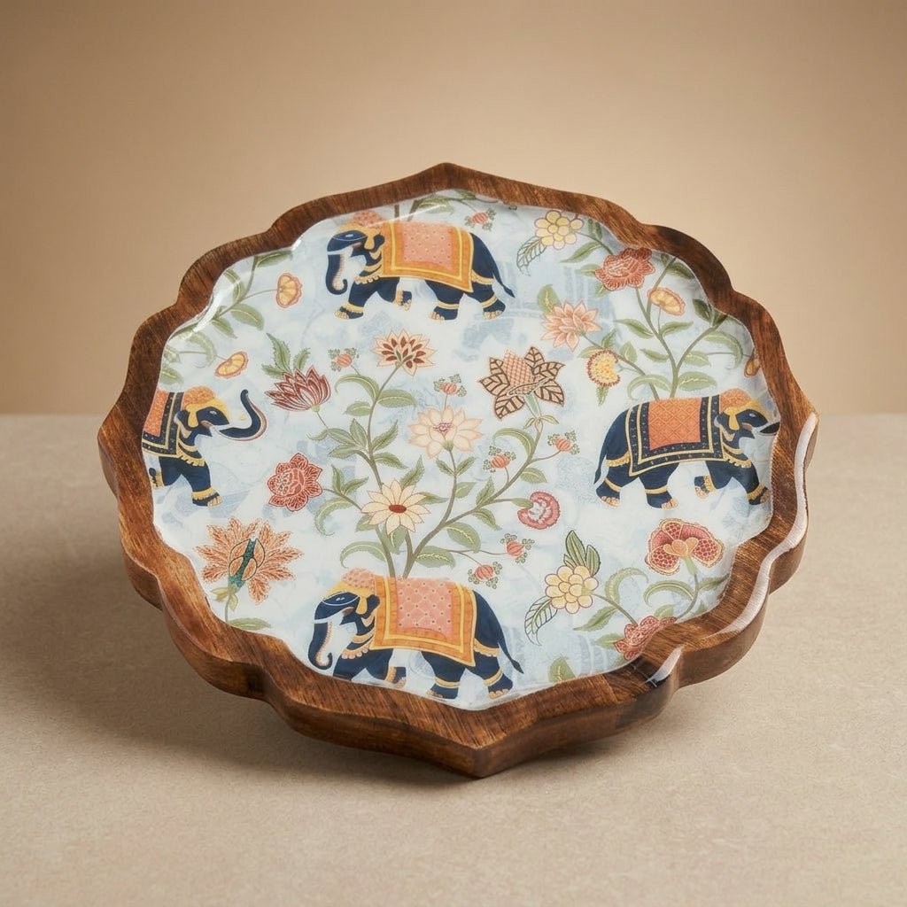 Image 1 of Default Title for the product Sattvya Gifting Elephant and Floral Design Wooden Snacks Platter