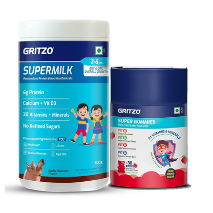 Image 1 of combo for the product Gritzo SuperMilk Overall Growth (2-6y Boy & Girl) (Double Chocolate) with Super Gummies (Strawberry)