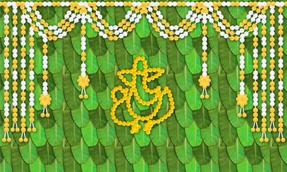 Image 1 of Default Title for the product Sri Yagnaa M 33 – Ganesh Banana Leaf Backdrop Cloth with Flowers 8 x 5 Ft