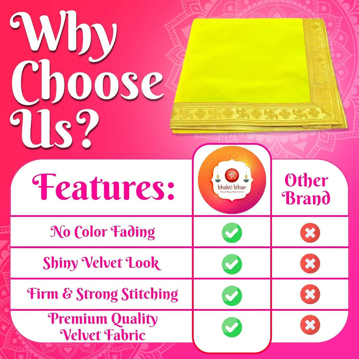 Image 4 of Bhakti Lehar Large Yellow Velvet Pooja Aasan Cloth – 20 x 40 Inch