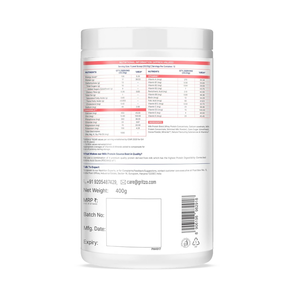 Image 3 of Gritzo SuperMilk Athlete (13+y Boy & Girl),17g Protein Powder - Double Chocolate