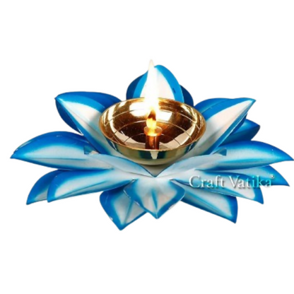 Image 1 of Default Title for the product CraftVatika Brass Diya Oil Lamp Stand Lotus Kamal Patti Diyas - Sky Blue