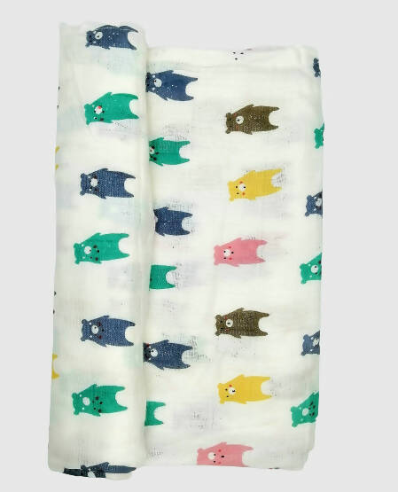Image 5 of Kindermum Organic Cotton Muslin Swaddle Blanket 110 Cm X 110 Cm - Set Of 2 - Colorful Polka And Bear