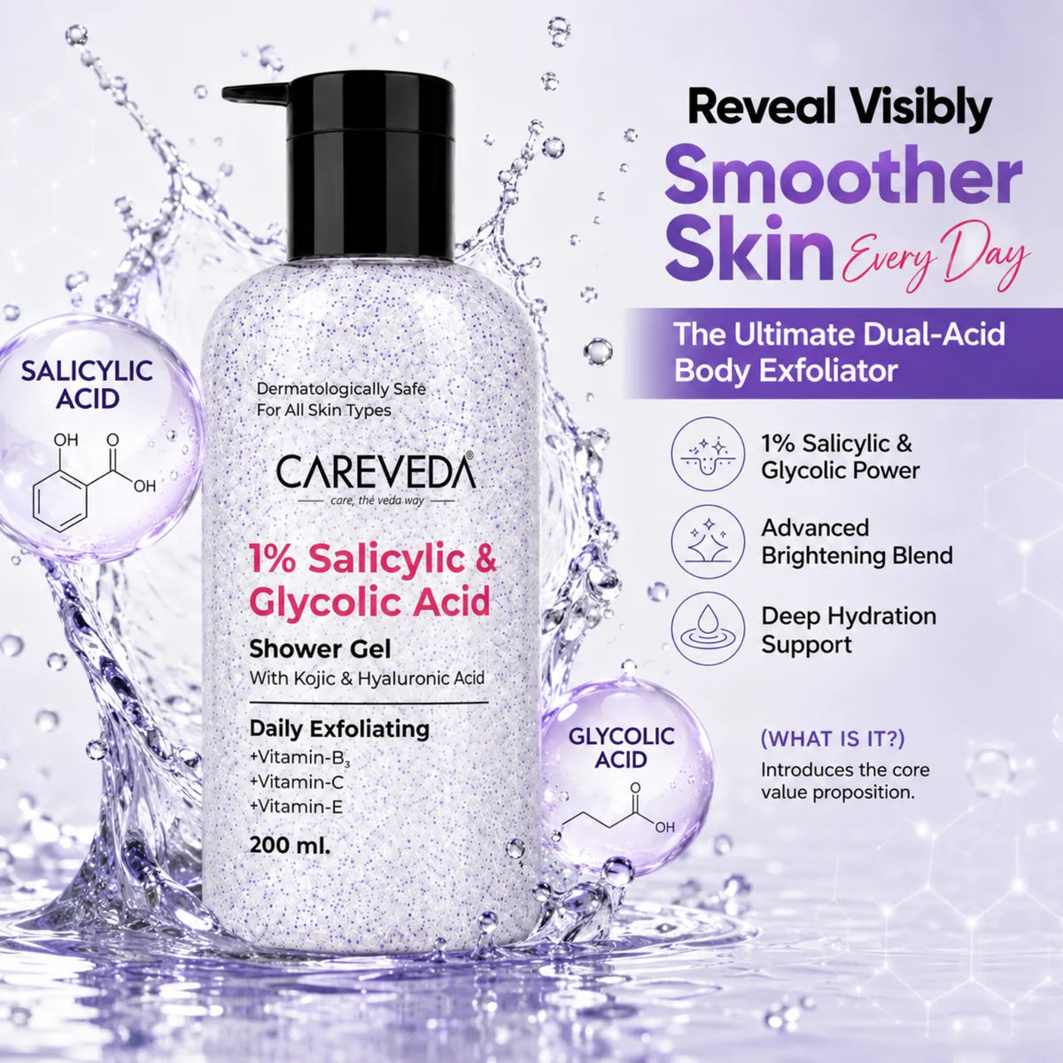 Image 2 of CareVeda Daily Exfoliating Sali-cinamide Shower Gel | Brightening & Hydrating Body Wash with AHA & BHA