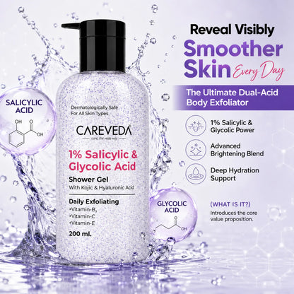 Image 2 of CareVeda Daily Exfoliating Sali-cinamide Shower Gel | Brightening & Hydrating Body Wash with AHA & BHA