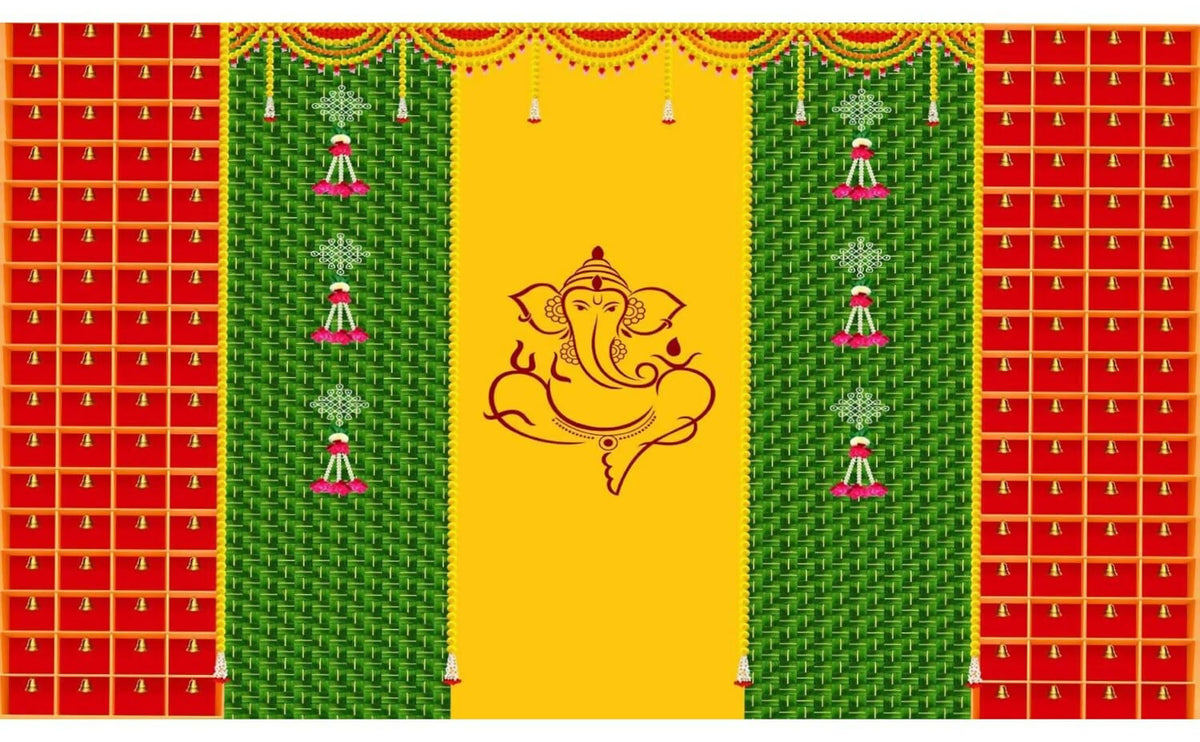 Image 3 of Sri Yagnaa Decoration M 34 – Ganesh Backdrop Cloth with Bells, 8 x 5 Ft