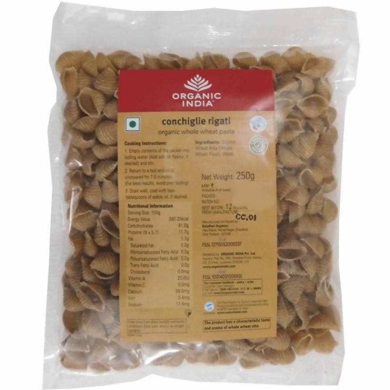 Image 1 of 250 gm for the product Organic India Conchiglie Rigati Organic Whole Wheat Pasta