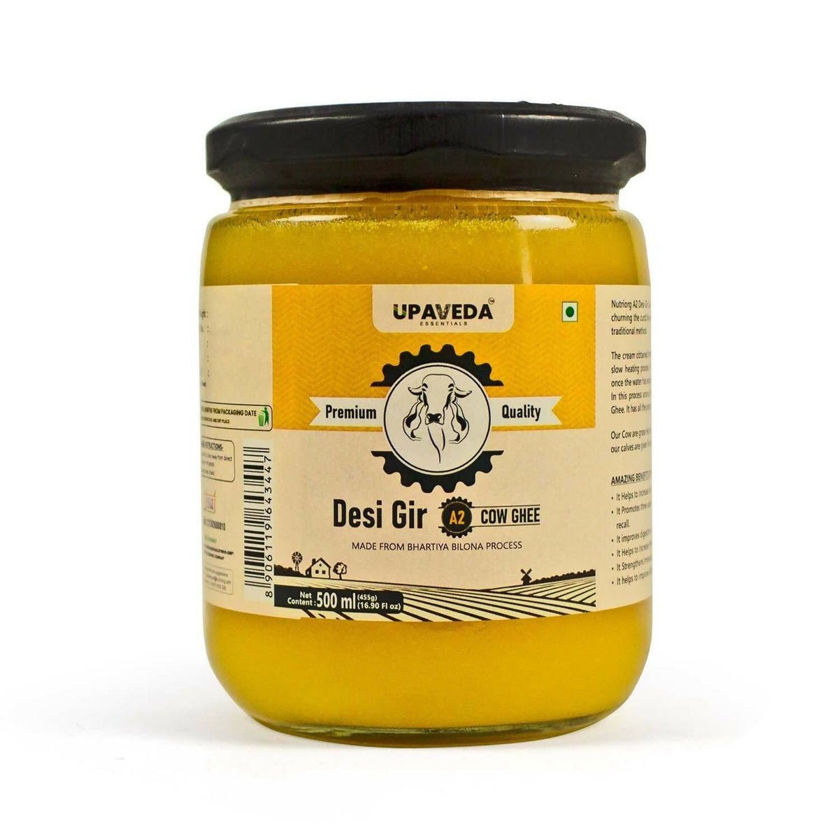 Image 1 of 500 ml / Pack of 1 for the product Upaveda A2 Pure Ghee| 100% Gir Cow Ghee | A2 Cow Desi Pure Ghee | Organic Grass Fed Cows | Traditional Bilona Method Ghee