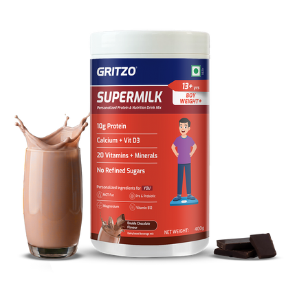 Image 1 of 400 gm for the product Gritzo Supermilk Weight+ Health Drink For 13+Y Boys - Double Chocolate