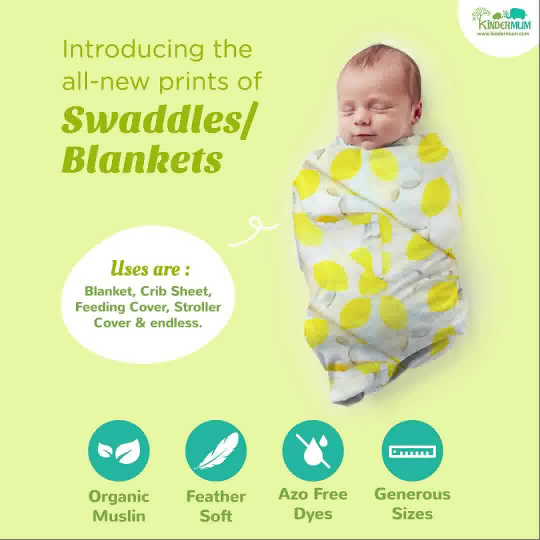 Image 8 of Kindermum Organic Cotton Muslin Swaddle Blanket 100 Cm X 100 Cm - Set Of 2 - Pista And Lemon