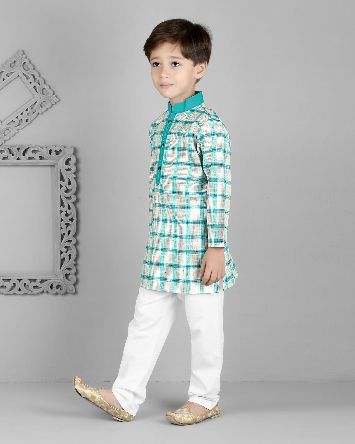 Image 4 of Joban Fashion Kids Island Cotton Full Sleeves Striped Kurta and Pyjama- Teal Blue