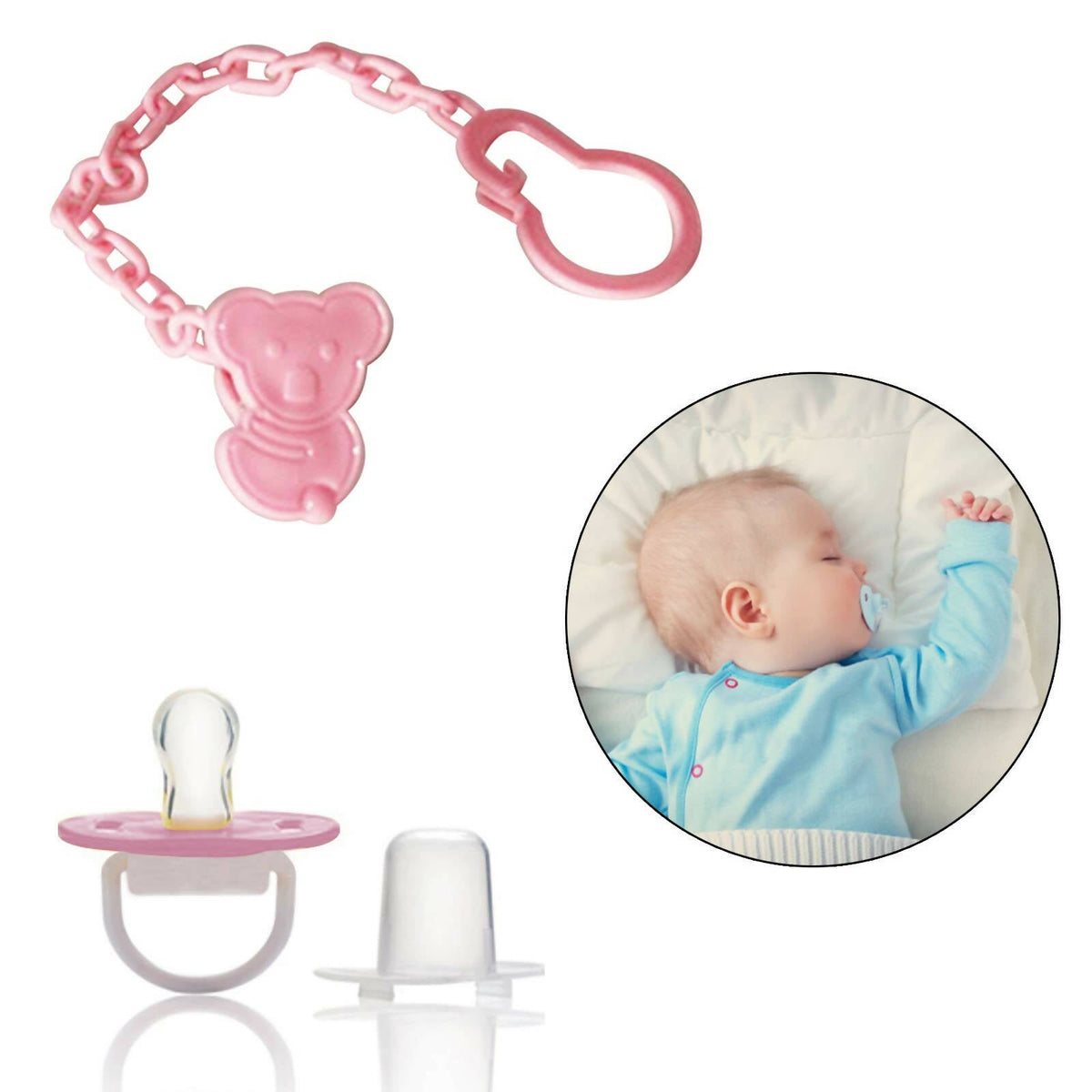 Image 1 of Default Title for the product Safe-O-Kid Animal Design Silicone Pacifier/Soother With Holder Chain And Clip, Pink