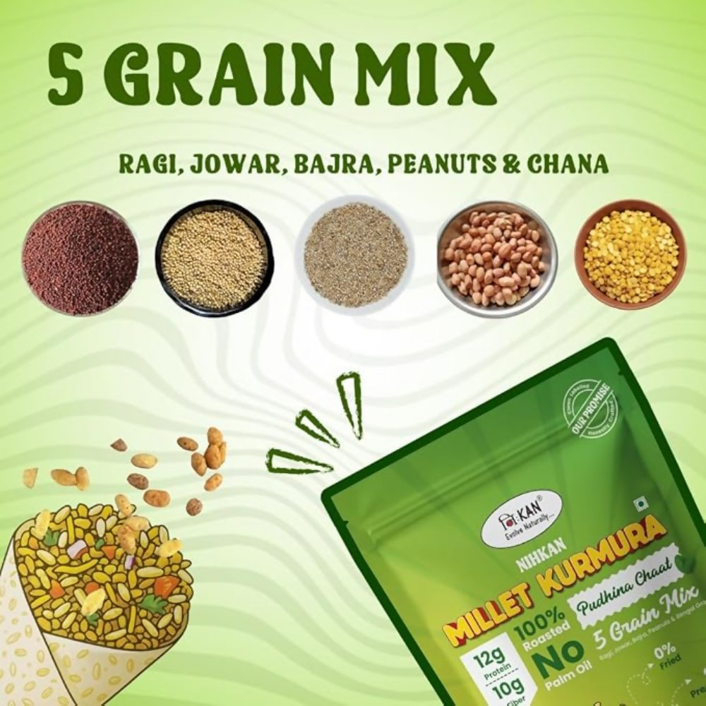 Image 2 of NIHKAN Roasted Ragi Jowar Bajra Kurmura Puffs Mix - Pudina Chaat Flavour